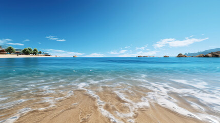 Fototapeta na wymiar a romantic beach with sunny blue sky in standard style. Generative Ai