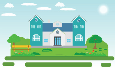 Vector illustration landscape background. banner for sales, advertising house, cottage with trees. Offer of home purchase. Rental of Real Estate. Vector flat design, urban landscape.