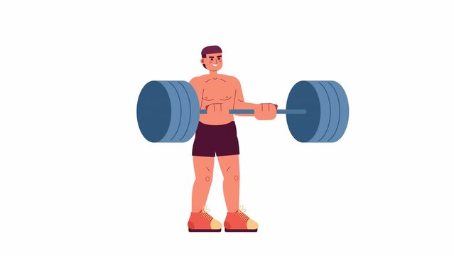 Animated male powerlifter. Latino american man deadlifting isolated 2D animation. Weight training. Cartoon flat character 4K video footage, white background, alpha channel transparency for web design
