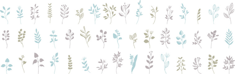 シンプルな草木のベクターイラスト。草木の線画イラストセット。植物のイラストセット。Simple vector illustration of grass and trees. Line drawing illustration set of plants and trees. Illustration set of plants.