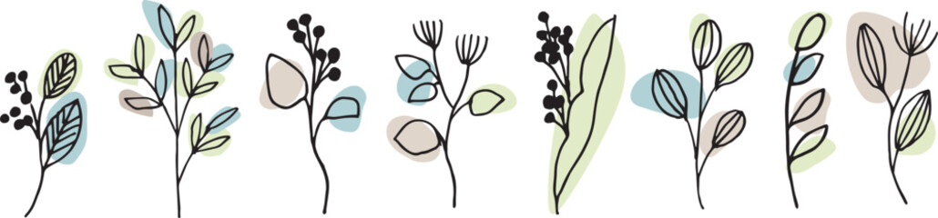 Obraz premium シンプルな草木のベクターイラスト。草木の線画イラストセット。植物のイラストセット。Simple vector illustration of grass and trees. Line drawing illustration set of plants and trees. Illustration set of plants.