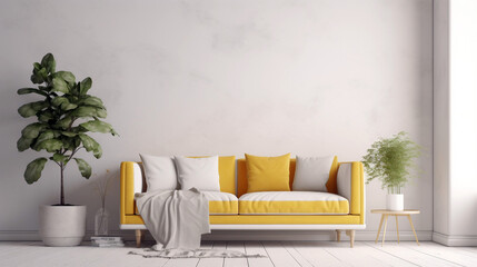 Fototapeta na wymiar Modern and minimalist living room with white and yellow sofa and plants. Generative ai illustration mock-up