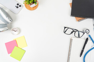 white office desk table Top view with copy space. Flat lay.