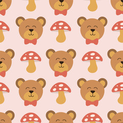 cute bear head seamless pattern and mushroom cartoon vector illustration