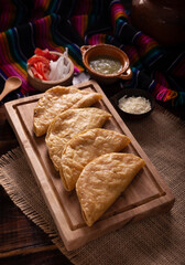Golden quesadillas. Fried quesadillas made with corn tortillas, they can be filled with any dish or...