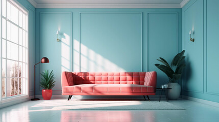 Modern and minimalist living room pastel tones and plants. Generative ai illustration mock-up