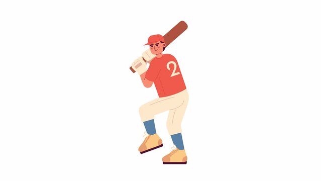 Animated baseball player bat. Young caucasian male batter in batting stance isolated 2D animation. Cartoon flat character 4K video footage, white background, alpha channel transparency for web design