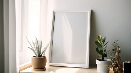 Empty blank picture frame mockup on the table with plants. Generative ai interior concept