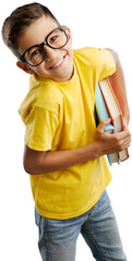Happy child boy with book and bag breaking through