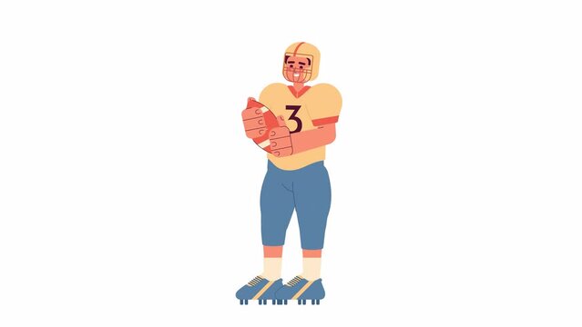 Animated rugby player. American football quarterback with helmet throwing isolated 2D animation. Cartoon flat character 4K video footage, white background, alpha channel transparency for web design