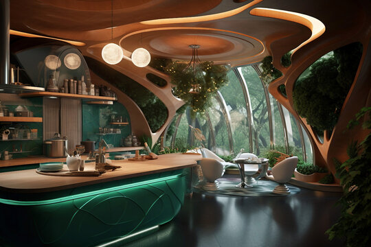 Interior of a modern and futuristic kitchen with green plants. Generative ai illustration