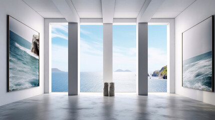 Empty room with beautiful sea view and open windows. Generative ai illustration