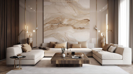 Modern living room with marble walls and wooden floor. Generative ai illustration