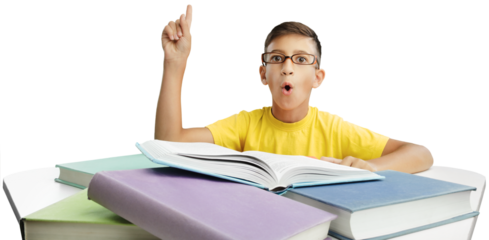 Beautiful cute little child with eyeglasses looking at the illustrations