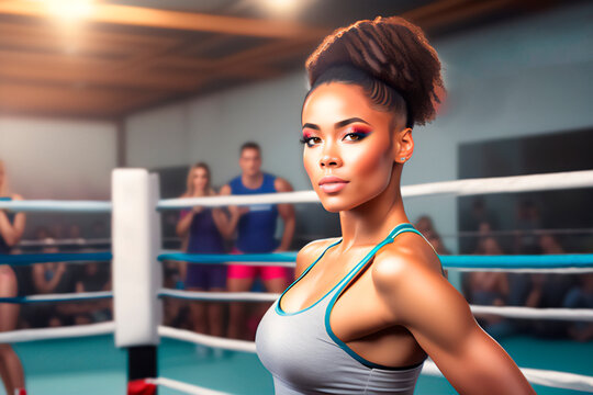 Beautiful female boxer training in the gym. Generative AI_14.