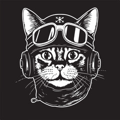 cat pilot, vintage logo line art concept black and white color, hand drawn illustration