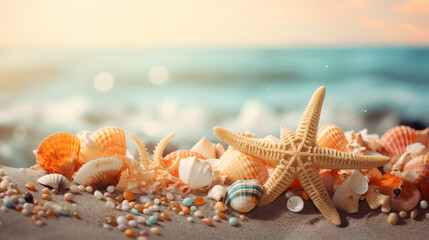 Fototapeta na wymiar starfish and shell composition in sand beach with blur background ai generative