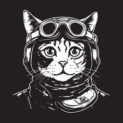 cat pilot, vintage logo line art concept black and white color, hand drawn illustration