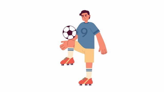 Animated brazilian footballer. Young sportsman kicking soccer ball isolated 2D animation. Cartoon flat character 4K video footage, white background, alpha channel transparency for web design