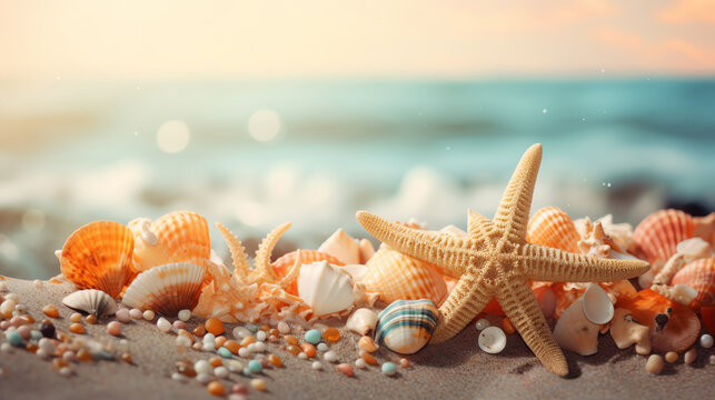 starfish and shell composition in sand beach with blur background ai generative