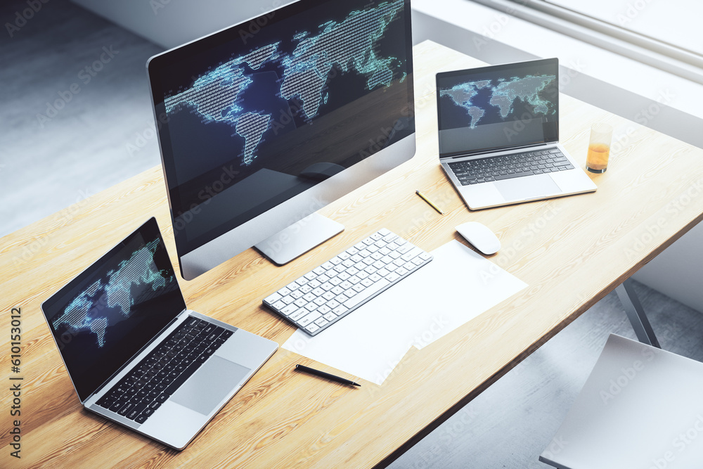Poster Modern computer monitor with abstract digital world map, research and strategy concept. 3D Rendering