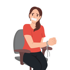 Woman hostage with bound hands sits in chair after being kidnapped or attacked by criminals. Girl with sealed mouth became hostage during attack by robbers on company office or bank branch.Flat vector