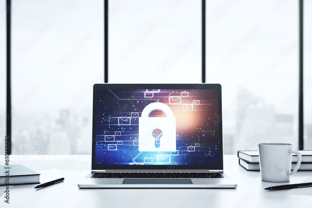 Poster creative concept with lock symbol and postal envelopes illustration on modern laptop screen. protect