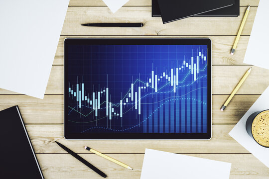 Top view of abstract creative financial diagram on modern digital tablet display, banking and accounting concept. 3D Rendering - Powered by Adobe