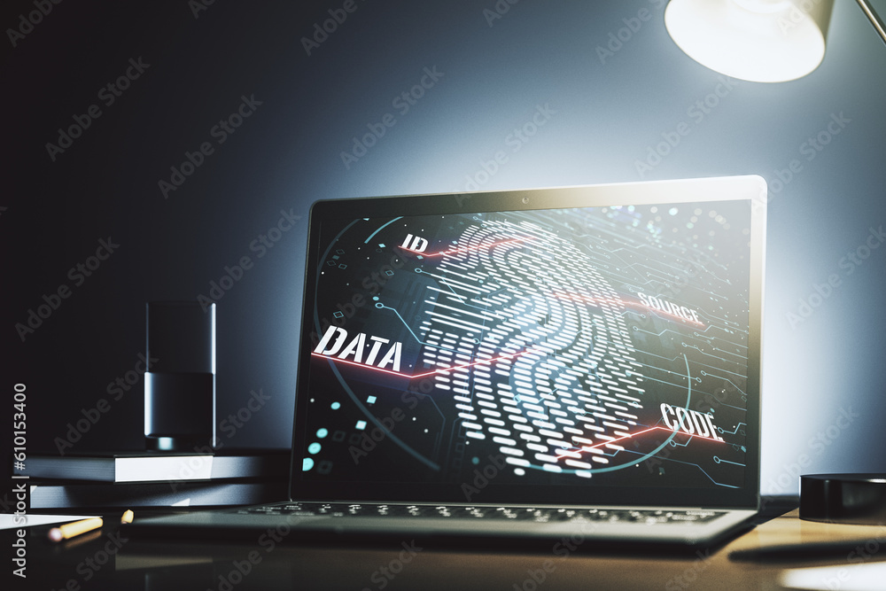 Aufkleber Computer monitor with abstract fingerprint scan interface, digital access concept. 3D Rendering