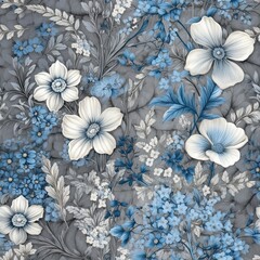 Beautiful blue flowers on a gray Seamless Pattern background. Generative AI