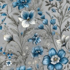 Beautiful blue flowers on a gray Seamless Pattern background. Generative AI