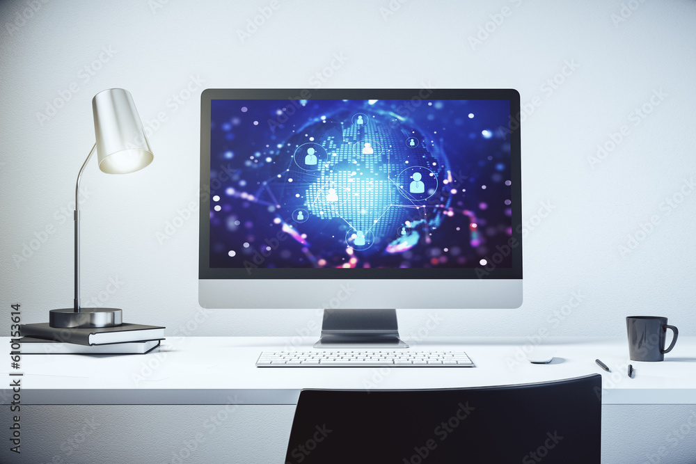 Poster Social network concept with world map on modern laptop screen. 3D Rendering