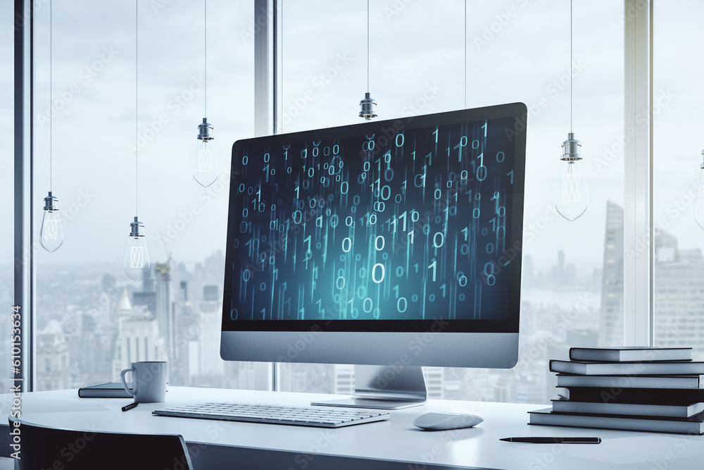 Fototapete creative concept of binary code illustration on modern laptop screen. big data and coding concept. 3