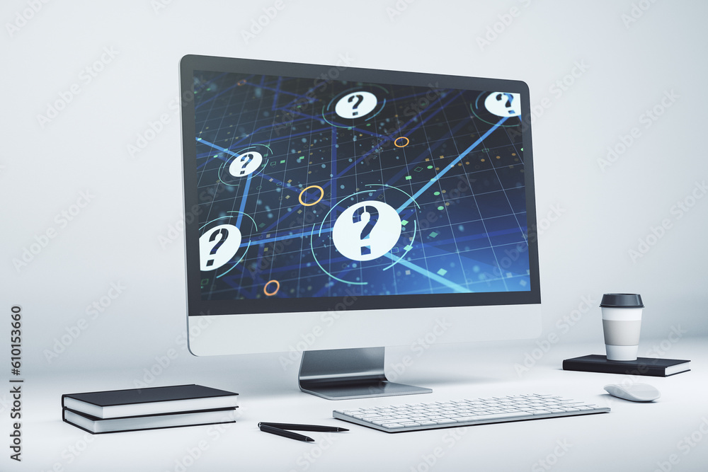 Aufkleber Creative abstract question mark hologram on modern computer monitor, future technology concept. 3D Rendering