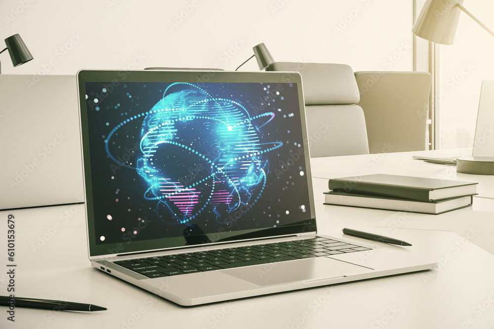 Poster computer monitor with abstract graphic digital world map with connections, globalization concept. 3d