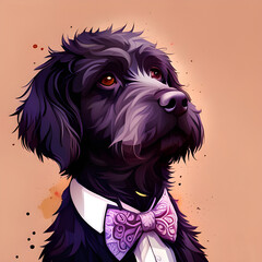 Furry Black Portuguese Water Dog in a Purple Bow Tie - Created with Generative AI