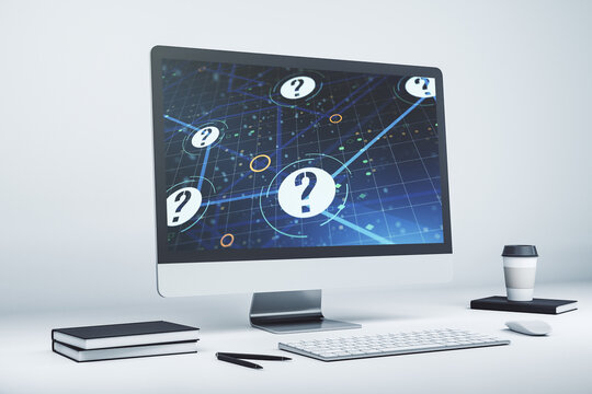 Creative abstract question mark hologram on modern computer monitor, future technology concept. 3D Rendering - Powered by Adobe