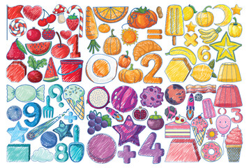 Set of Various Objects in Pencil Colour Sketch Simple Style