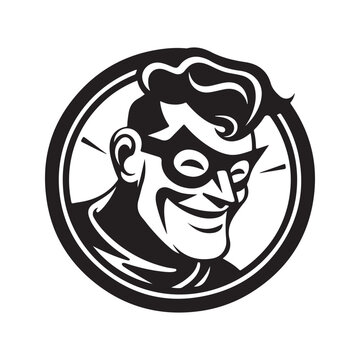 funny superhero, vintage logo line art concept black and white color, hand drawn illustration