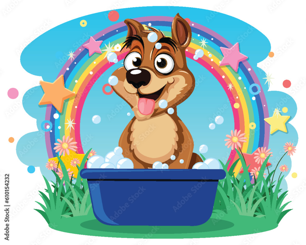 Poster a cute dog excited to take a bath