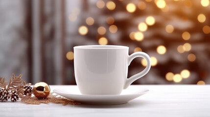 White ceramic coffee cup and christmas decoration on woon table background. mockup for creative advertising text message or promotional content. Generative AI