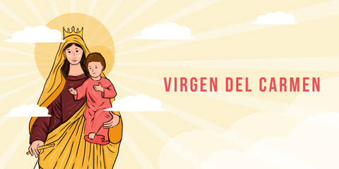 flat virgen del carmen hand drawn horizontal banner illustration