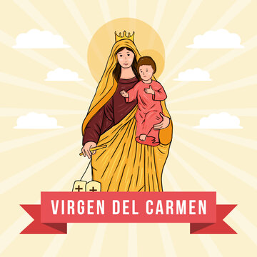 virgen del carmen hand drawn illustration in flat design style