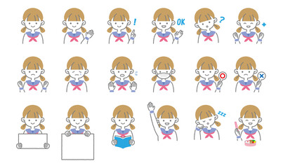 女子学生の１日表情いイラストセット１