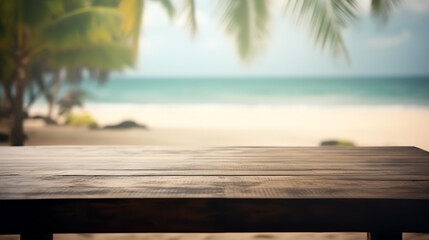 empty wood table mockup with blur beach background ai generative