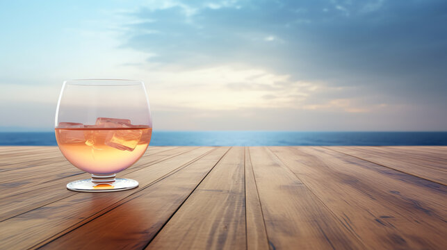 a glass of cocktail on wooden desk with ocean background ai generative