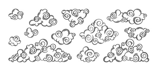 Chinese clouds in curly style. Engraved asian clouds for festive designs. Vector illustration isolated in white background