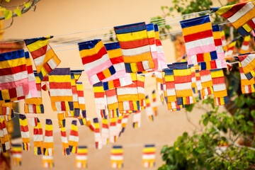 Buddhist flags are hung around the temple