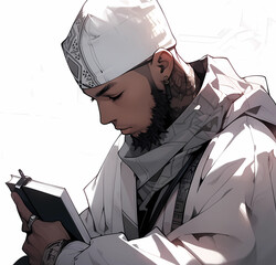 A man reading a book, A muslim reading a Qur'an, Generative AI