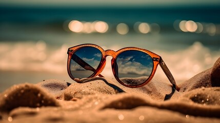 Fancy trendy modest brown color reflective lens fashionable attractive sun glasses at the beach, lost and found concept, missing person, drown, vacation or luxury concept. Generative AI technology.